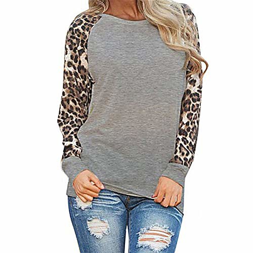 

womens leopard print t-shirts trendy plus size long sleeve o-neck solid loose patchwork tops knits tee gray