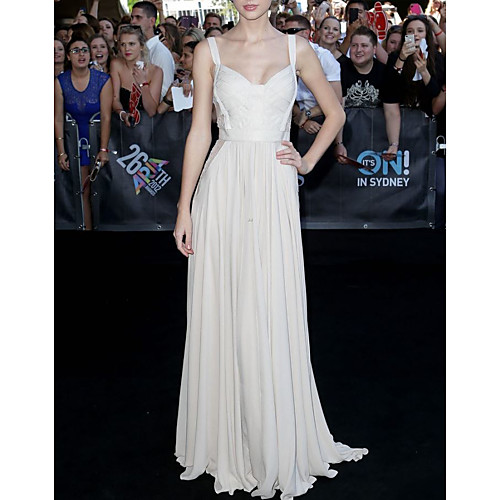 

Sheath / Column Celebrity Style Elegant Prom Formal Evening Dress Spaghetti Strap Sleeveless Floor Length Chiffon Lace with Pleats 2021