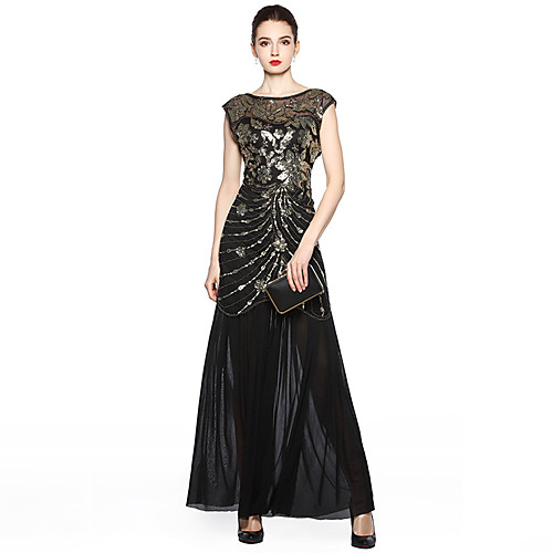 

A-Line Elegant Vintage Holiday Party Wear Dress Jewel Neck Sleeveless Floor Length Spandex Tulle with Sequin Embroidery 2021