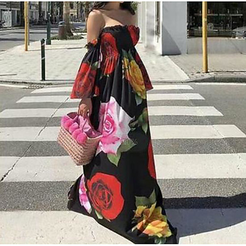 

Women's Swing Dress Maxi long Dress White Black Long Sleeve Floral Print Fall Off Shoulder Casual 2021 S M L XL XXL 3XL