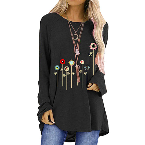 

Women's T Shirt Dress Tee Dress Short Mini Dress Black Blue Red Khaki Green Gray Long Sleeve Floral Print Fall Winter Round Neck Casual Cotton 2021 S M L XL XXL 3XL