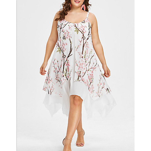 

Women's Strap Dress Short Mini Dress White Sleeveless Floral Print Fall Round Neck Casual 2021 XL XXL 3XL 4XL 5XL