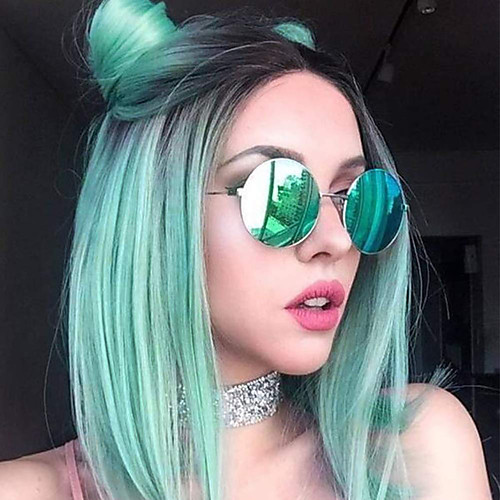 

Ombre Wigs Mint Green Short Straight Synthetic Wigs Dark Roots Middle Part Heat Resistant Cosplay Party Full Wigs for Women