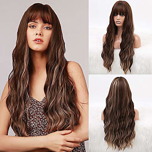 

long wavy with bangs synthetic wave fiber wig chestnut brown hair with highlights natural curly heat resistant full machine made wig for women daily cosplay party