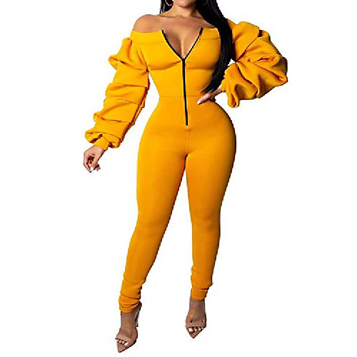 

womens off shoulder v neck slim fit ruched puff sleeve zip front skinny pants jumpsuit bodysuit yellow 2xl