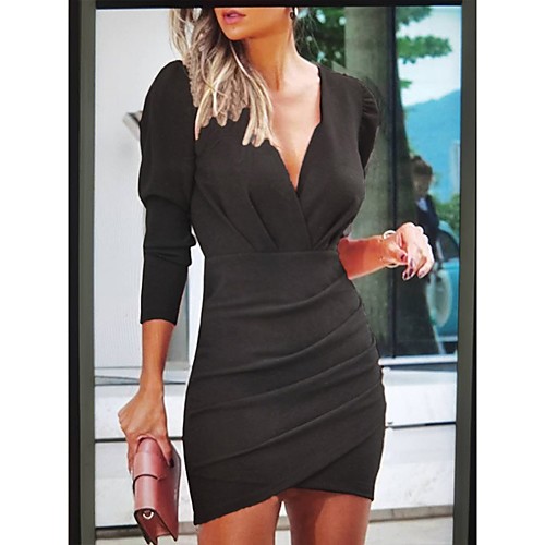 

Women's A Line Dress Short Mini Dress Black Blushing Pink Wine Navy Blue 3/4 Length Sleeve Solid Color Patchwork Fall Winter V Neck Elegant Sexy 2021 S M L XL XXL