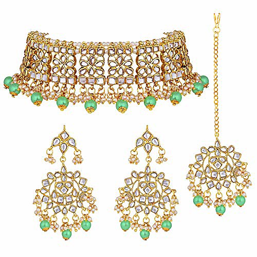 

elegant indian wedding wear faux kundan studded choker necklace with maang tikka ethnic fashion jewelry for women (green)