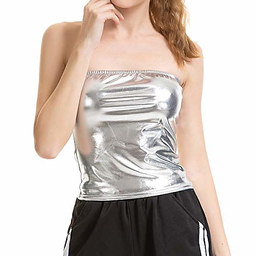 

women metallic off shoulder crop top rave club dance bandeau tube tops(silver s)