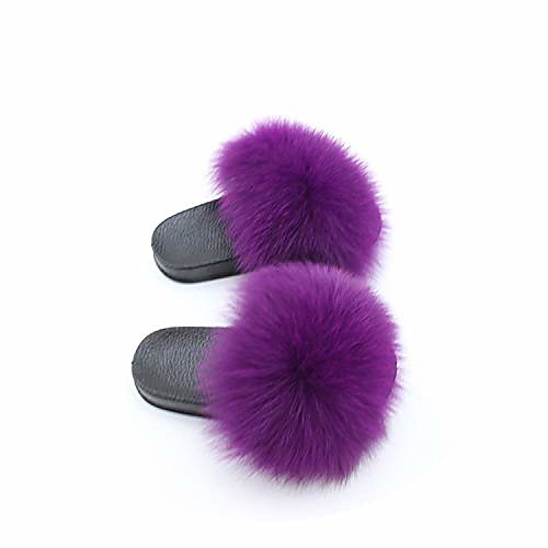 

kids fur slides furry home slippers fluffy slides indoor summer flat sandals flip flops luxury girls shoes size 24-35,purple,12.5