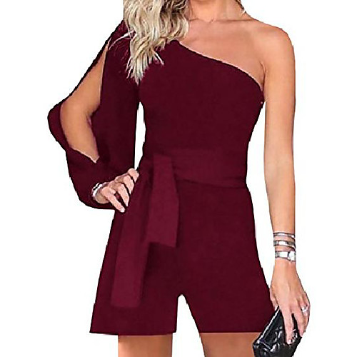 

women's classic one shoulder solid basic wild jumpsuits playsuit maroon m