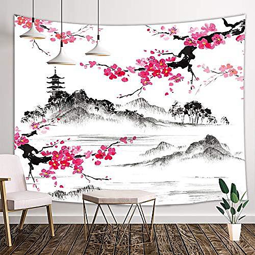 

Chinese Ink Painting Style Wall Tapestry Art Decor Blanket Curtain Hanging Home Bedroom Living Room Decoration Landscape Mountain Flower Floral Tower 150100 cm