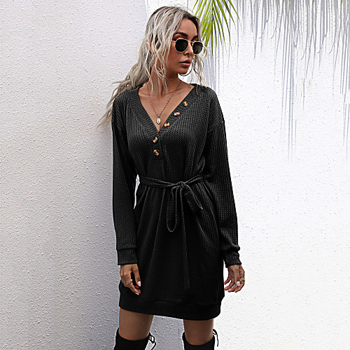 

Women's Sweater Jumper Dress Short Mini Dress Black Dusty Rose Long Sleeve Solid Color Fall Winter V Neck Casual Cotton 2021 S M L XL