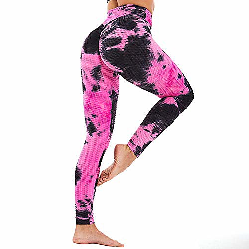 

women ruched butt lifting stretchy leggings textured booty yoga tights (large, black pink)