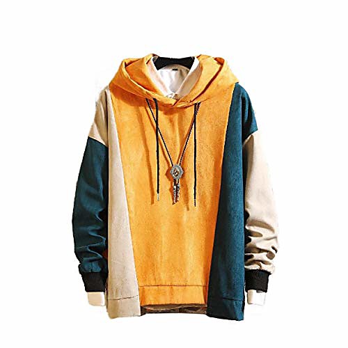 

men's long-sleeve plus-size autumn hit color patched hooded sweatshirt yellow xl
