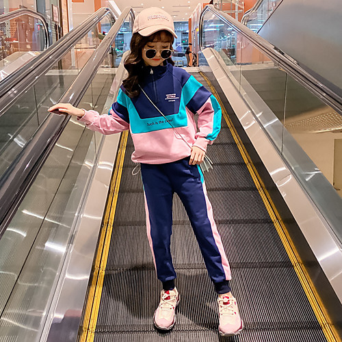 

Girls' Kids 2 Piece Patchwork Tracksuit Sweatsuit Street Casual Long Sleeve 2pcs High Neck Cotton Lightweight Breathable Soft Running Jogging Training Exercise Sportswear Normal Outfit Set Clothing