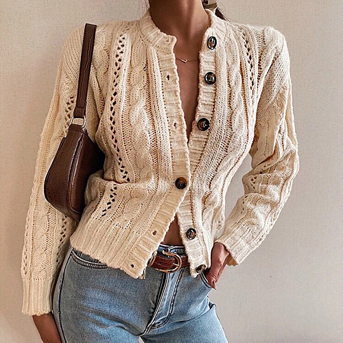 

Women's Knitted Solid Color Cardigan Acrylic Fibers Long Sleeve Sweater Cardigans V Neck Fall Winter Beige