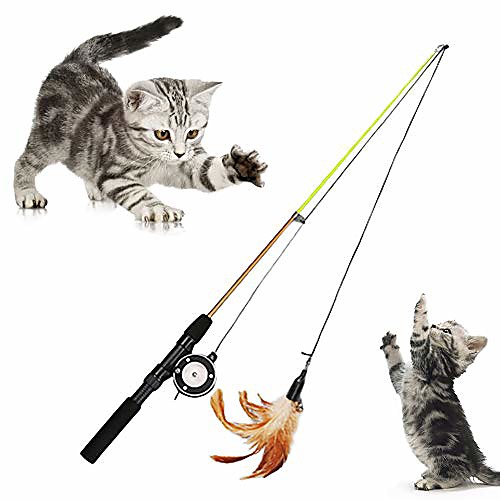 

feather bell retractable fishing rod pole playing teaser toy cats kitten toys pet supplies feather style