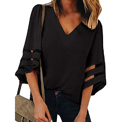 

women's v neck shirt 3 4 bell sleeve mesh patchwork casual loose summer tops bouse(black,small)