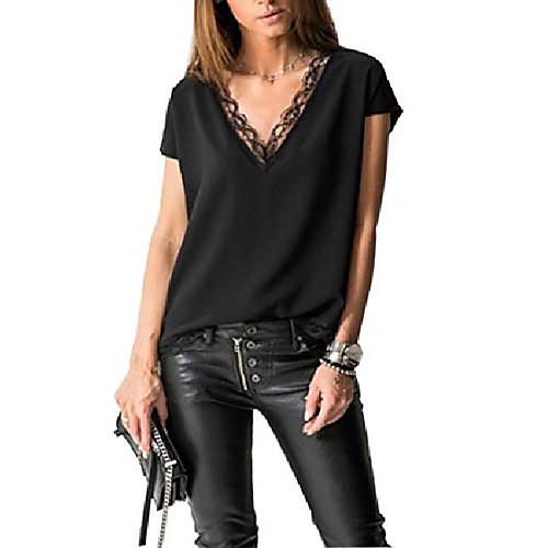 

women's elegant lace tops sexy v neck short sleeve shirts casual blouse black xl