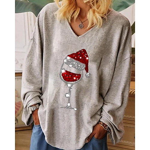 

Women's Christmas Blouse Shirt Abstract Long Sleeve Print V Neck Tops Christmas Basic Top Black Light gray Dark Gray