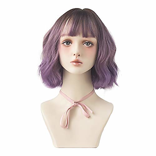 

short wavy curly wig for women, none lace heat resistant replacement wig cosplay wig purple