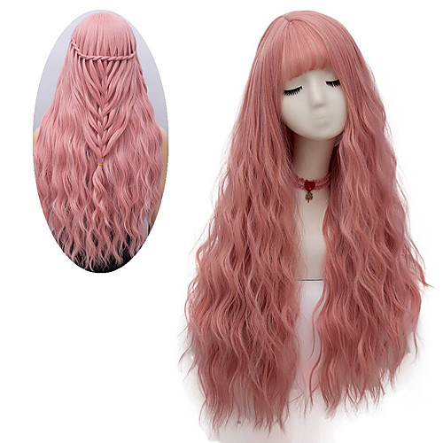 

Women's Pink Wig Long Fluffy Curly Wavy Hair Wigs for Girl Heat Friendly Synthetic Cosplay Party Wigs