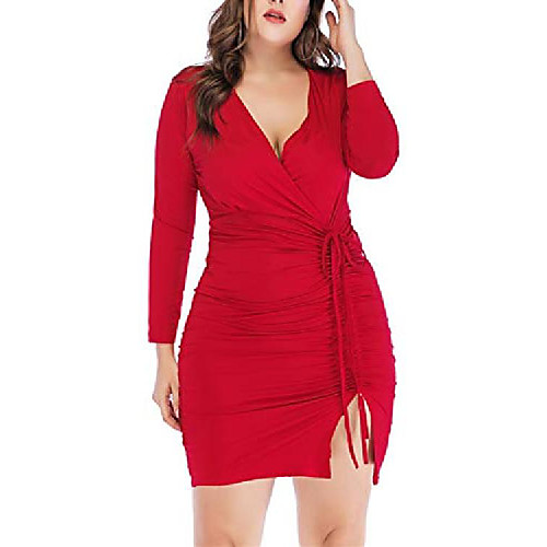 

women's long sleeve bodycon wrap dress v neck plus size casual dress red l