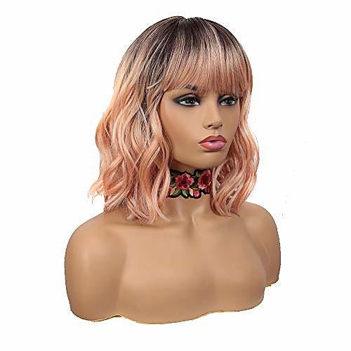 

orange blonde wig with bangs short curly wigs wavy bob hair wigs for white women colorful wigs for party for cosplay(12 inches, orange blonde)