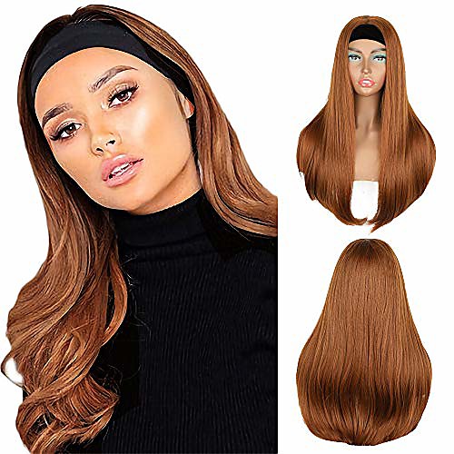 

synthetic headband wig long straight auburn brown wig with haedband for women black headband natural looking easy to wear 24 inch