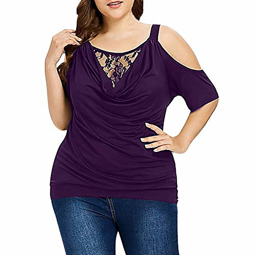 

women's plus size blouse sexy cold shoulder lace tee wrap front dolman drape tops short sleeve solid casual loose t-shirts purple