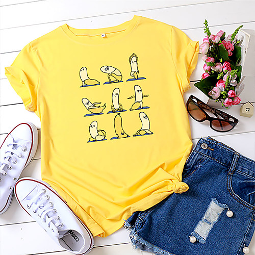 

Women's T shirt Fruit Print Round Neck Tops 100% Cotton Basic Basic Top White Black Yellow