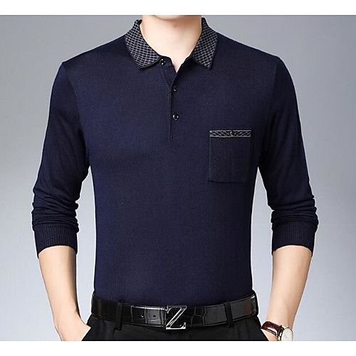 

Men's Polo non-printing Solid Colored Long Sleeve Daily Tops Business Elegant Wine Navy Blue