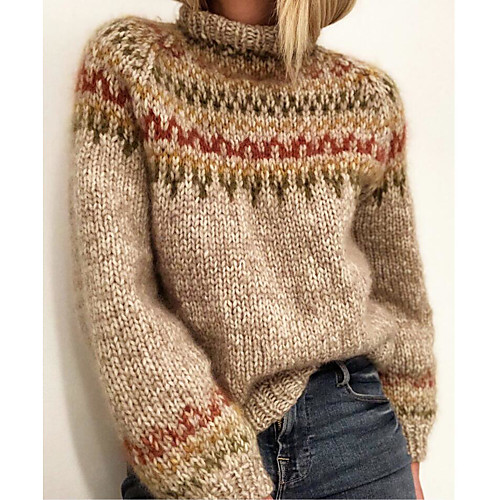 

Women's Pullover Sweater Jumper Knitted Color Block Geometric Stylish Basic Casual Holiday Long Sleeve Regular Fit Sweater Cardigans Crew Neck Fall Winter Gray Beige