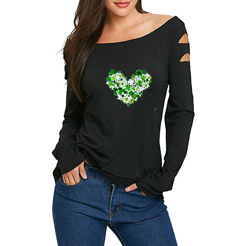 

Women's T-shirt Floral Heart Long Sleeve Cut Out Off Shoulder Tops Cotton Basic Basic Top Black Red