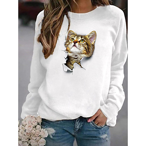 

Women's Pullover Sweatshirt Cat Graphic 3D Cartoon Causal Daily Other Prints Basic Hoodies Sweatshirts White Yellow Blushing Pink