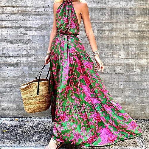 

Women's Swing Dress Maxi long Dress Green Sleeveless Floral Print Fall Halter Neck Elegant Casual vacation dresses 2021 S M L XL XXL