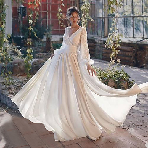 

A-Line Elegant Boho Party Wear Wedding Guest Valentine's Day Dress V Neck Long Sleeve Floor Length Chiffon with Split Lace Insert 2021