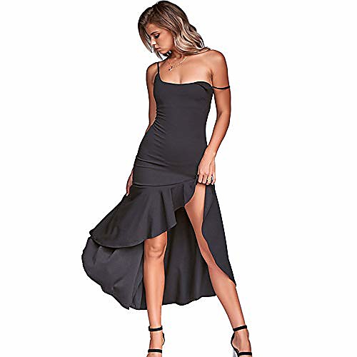 

women's party dress with spaghetti straps, sexy and elegant cocktail bodycon midi dress (black) 07 l