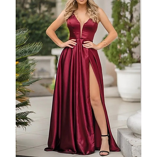 

A-Line Beautiful Back Sexy Wedding Guest Formal Evening Dress V Neck Sleeveless Floor Length Satin with Pleats Split 2021