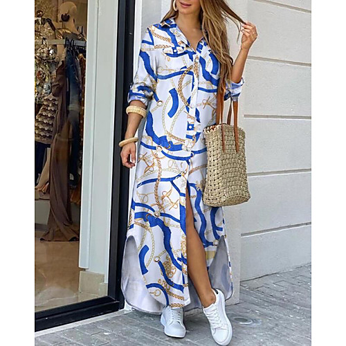 

Women's Shirt Dress Maxi long Dress White Black Blue Yellow Army Green Gray Long Sleeve Print Print Fall Summer Shirt Collar Elegant Casual 2021 S M L XL XXL