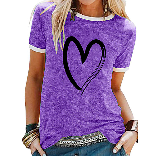 

Women's T shirt Heart Patchwork Print Round Neck Tops Basic Basic Top White Blue Purple