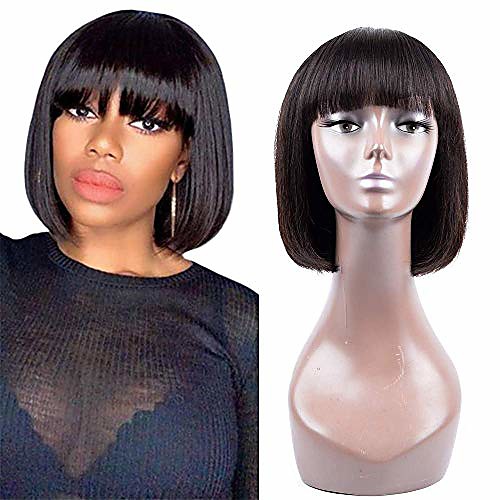 

straight short bob wigs brazilian straight synthetic wigs with bangs non-lace for black women bob wig natural black color (8, bob)