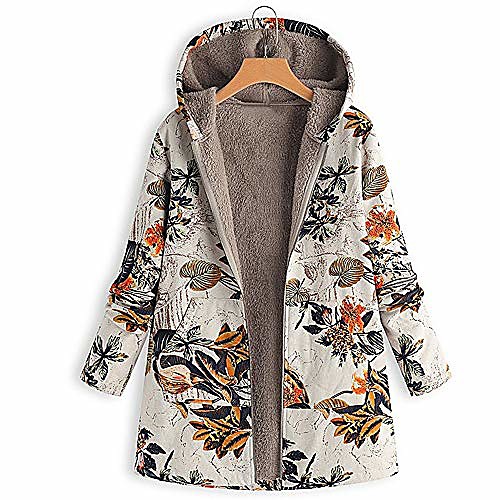 

women's winter warm coat long sleeve hooded fleece fur lining zipper outwear floral print jacket orange xl