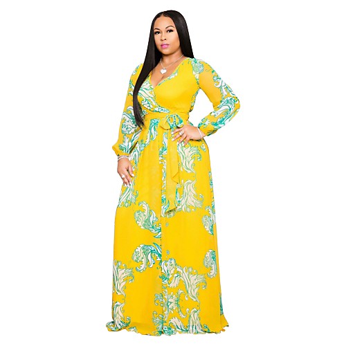

Women's Chiffon Dress Maxi long Dress Yellow Navy Blue Rainbow Long Sleeve Print Patchwork Print Fall V Neck Casual Lantern Sleeve 2021 S M L XL XXL 3XL 4XL 5XL / Plus Size
