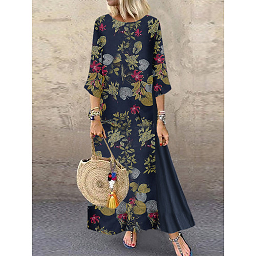 

Women's A Line Dress Maxi long Dress Yellow Green Dusty Blue 3/4 Length Sleeve Print Print Fall Round Neck Casual 2021 L XL XXL 3XL 4XL 5XL / Plus Size
