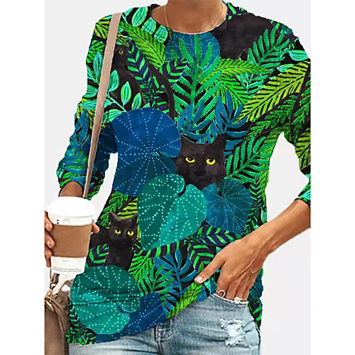

Women's Tunic Cat Scenery Long Sleeve Print V Neck Tops Basic Top Green