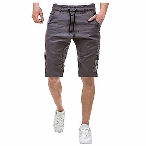 

mens classic outdoor multi pockets drawstring cargo shorts fashion elastic waist beach trunks hiking pants gray