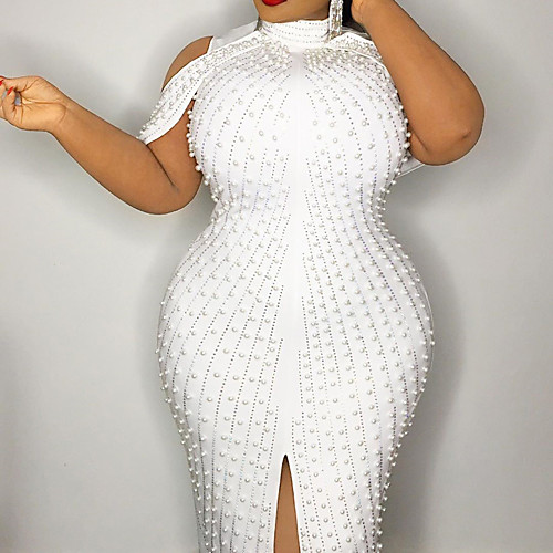 

Women's A Line Dress Knee Length Dress White Sleeveless Solid Color Sequins Split Zipper Summer Turtleneck Elegant Sexy 2021 XL XXL 3XL 4XL 5XL / Plus Size