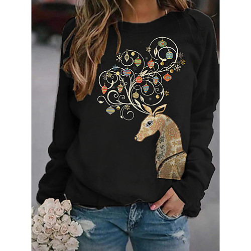

Women's Pullover Sweatshirt Graphic Floral Reindeer Daily Basic Casual Hoodies Sweatshirts Black Gray