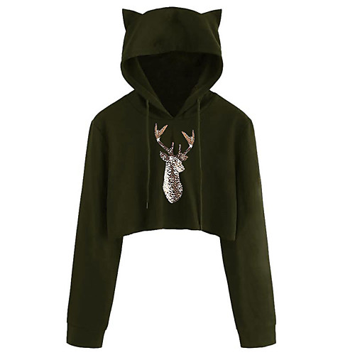 

Women's Pullover Hoodie Sweatshirt Cropped Sweatshirt Graphic Reindeer Crop Top Cat Ear Daily Basic Casual Hoodies Sweatshirts Black Red Army Green